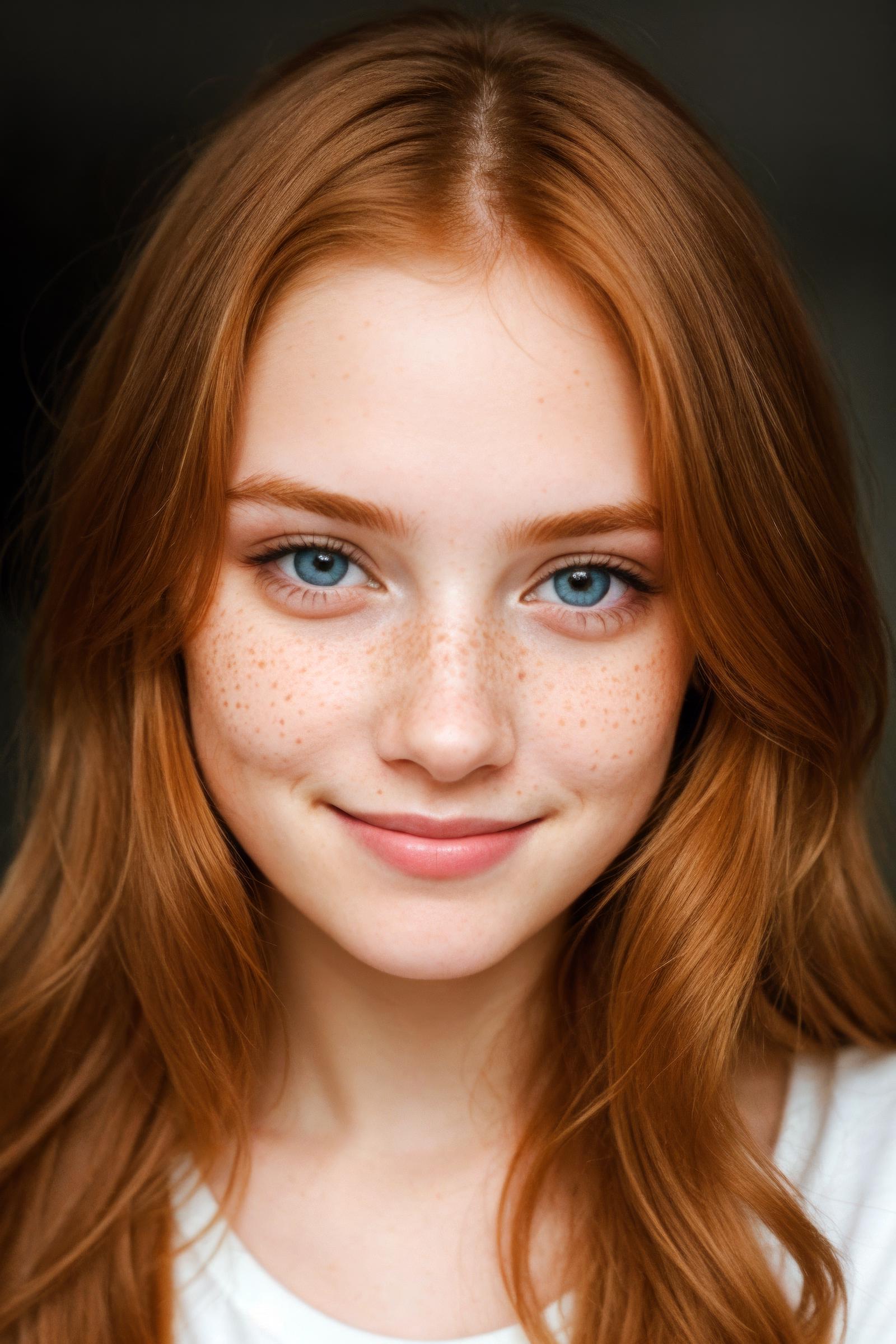 A smiling woman with red hair and freckles.