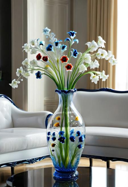 murano_glass_style, (livingroom:2), salon table, (vase with flowers murano_glass_style:2). (indoors:1.6), (large room:1.2).