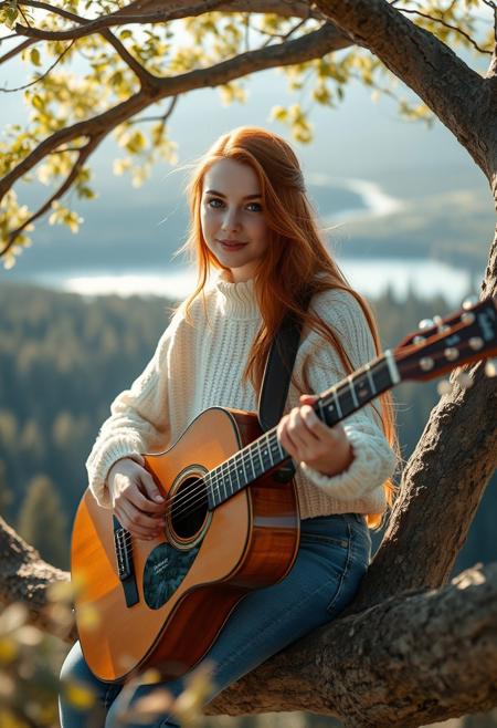 A surreal and hyper-realistic scene featuring a classical beauty with beautiful ginger hair, wearing blue jeans and a white jumper. The intricate details of her attire are highlighted, set against a dreamy, ethereal lake background. The scene is illuminated with soft, magical lighting, enhancing the otherworldly and enchanting atmosphere, sitting in a tree overlooking the forest and lake, playing an acoustic guitar. It is sunny.
surreal, hyper-realistic, classical beauty, blue jeans, white cozy jumper, beautiful (deep dark brown) eyes, pale white skin, pale skin, intricate details, dreamy background, ethereal, warm magical lighting, warm lighting, enchanting, visually stunning, high quality, detailed, sharp clarity, breathtaking, elegant, graceful, relaxed, small gentle smile, cute, redhead, sexy, cute hairstyle, 
looking at viewer, long hair, pretty girl, small medium breasts, beautiful girl, holding an acoustic guitar, playing an acoustic guitar,