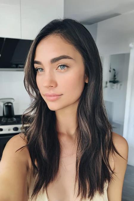 instagram selfie , a 23 year old gorgeous woman , slight smile , detailed skin face and eyes , natural lighting , at home , long hair, topless , film grain, low contrast, natural face , freckles , black hair , blue eyes, dark circles under eyes , (beautiful kitchen in the background)