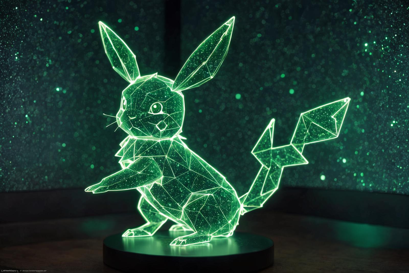 A neon green Pokemon Pikachu statue on a base.