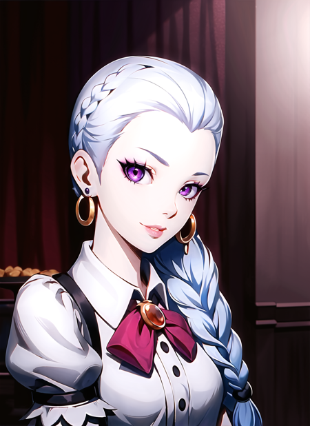 zeronis,  , 1girl, braid, death parade, earrings, jewelry, lips, long hair, looking at viewer, nona \(death parade\), purple eyes, single braid, solo, upper body, white hair, widow's peak , ((masterpiece))  <lora:zeronis_offset:1>