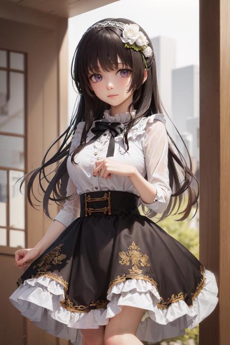 (masterpiece, best quality:1.2), <lora:bangdream_shirokane-10:1>, cowboy shot, solo, 1girl, shirokane rinko, expressionless, closed mouth, (hand on own arm:1.2), frilled shirt collar, black neck ribbon, frilled sleeves, high-waist skirt