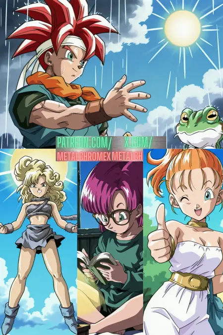 Chrono Trigger anime cutscene/Akira Toriyama style + characters (Crono, Frog, Ayla, Marle, Lucca, Magus, Robo somewhat works)