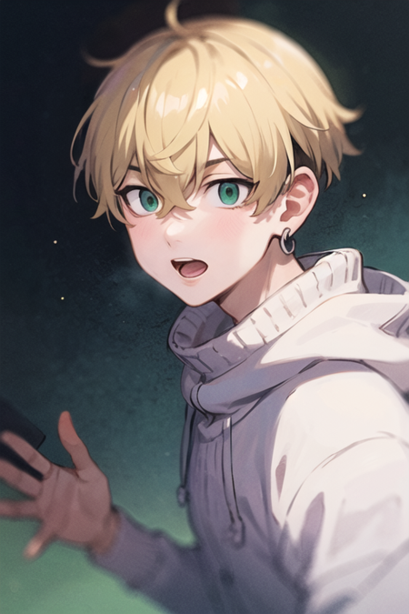 1boy,chifuyu matsuno,male focus,blonde hair, green hair, short hair,jewelry,bangs,hair between eyes,single earring,