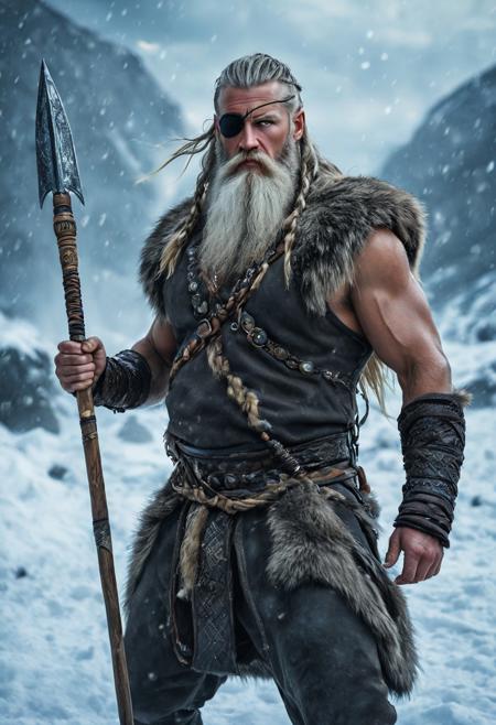 masterpiece, absurdres, 8k uhd, best quality, amazing quality, ultra detailed, intricate detail, very aesthetic, beautiful eyes, perfect eyes, perfect mouth, perfect hands, perfect arms,
1male, nbn-odin, nordic viking, viking outfit, broad shoulders, strong arms, very old warrior, legendary warrior, aged warrior, Long gray hair, white beard, long beard, braided hair, right eye patch, holding spear, holding weapon, fighting stance,
natural lighting, photorealistic, cinematic style,
detailed background, steam, snow, hot water, relaxed atmosphere,
perfect composition, vibrant colors, sharp focus,
