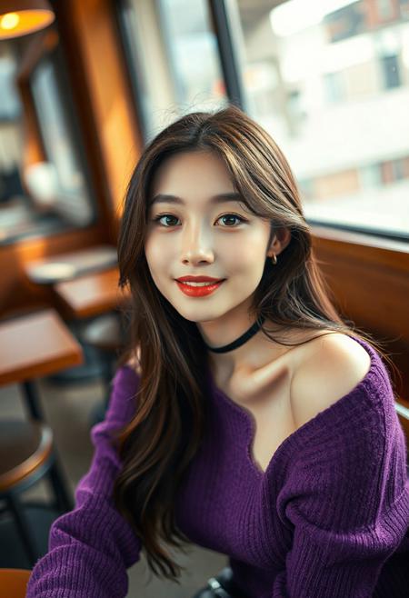 DSLR-style, slender, elegant 26-year-old Korean model, extremely pale skin with natural texture, soft shadow on cheek, diffused daylight from side, parted lips, masterpiece, ultra high-res  
<lora:NOOB_vp1_detailer_by_volnovik_v1:1>
barely visible pores, subtle skin texture variation, translucent skin tone, full body. 
score_9, score_8_up, score_7_up, score_6_up, jaiden animations, 1girl, solo, white skin, black eyes, brown hair, long hair, purple sweater, exposed shoulders, black leather pants, choker, earrings, cafe, looking at viewer, smile, from above, sitting, pov
muscle breasts, (((Extremely high-resolution))),
(depth of field:1.3),
<lora:MythAnim3Style:0.9>, 
 asian face, (Korean)(black eyes) (masterpiece:1.4), (best quality:1.2) 
<lora:RMSDXL_Enhance: 1.2> 
<lora:hd_4k_ntc: 1.2> 
(high resolution)
 <lora:S1_Dramatic_Lighting_v2:0.15> <lora:g4n1m3XLP:0.8>
<lora:d3t41l3dXLP:0.5> <lora:surrealidescent_v1:3.14>
<lora:flux dtmh:3.14> 
<lora:Hand v2:3.14>,
<lora:add-detail-xl:2>
(((lora:Expressive_H:2.0)))
((huge breasts:1.1)), 
narrow waist, wide hips, (messy_hair:1.0),
<lora:ponyv5_noobV065S_1_adamW-000013:0.7> <lora:USNR_STYLE_XL_lokr:0.5> <lora:EtherSDXL:0.15> <lora:748cmSDXL:1.0> <lora:backlitILL:0.8>
