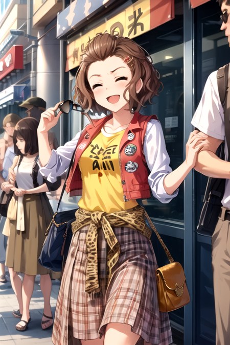 <lora:EmiNamba-10:0.7> ,emicin, blush, smile, short hair, open mouth, multiple girls, skirt, brown hair, shirt, hair ornament, closed eyes, solo focus, hairclip, bag, vest, plaid, wavy hair, sunglasses, animal print, faceless, curly hair, faceless male, clothes around waist, faceless female, eyewear hang