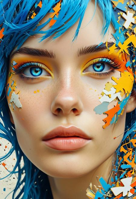A captivating woman with electric blue hair, whose look is reminiscent of multi-layered collages and bold street art, graces this striking portrait. Her features are a mesmerizing blend of fragmented icons, her eyes intensely rendered with crossed colors. The painting, showcasing hyper-realism and an edgy style, exudes an air of celebrity and allure. The tremendous attention to detail and vibrant colors transform this image into a remarkable work of art, masterfully merging elements of pop culture with refined technique.