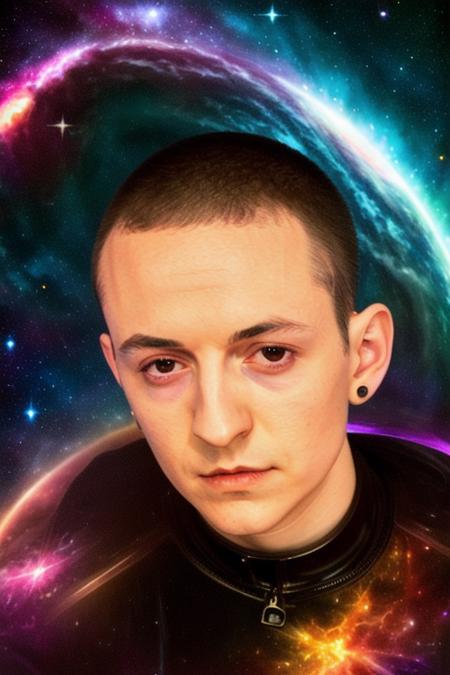 a man, 25 year old, 27 year old, [short buzzed hair, buzzcut], <lora:chester:1>, floating in space, (galaxies and nebulae), stars in the sky, perfect face, clear eyes, performing in outter space, looking at camera, midnight, surreal atmosphere, raw, 8K, uhd, masterpiece, nu-metal, neon technicolor