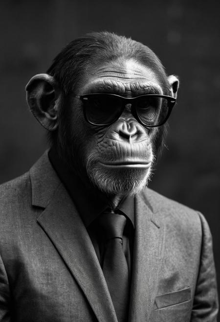 high-contrast monochrome palette, subtle grain, timeless feeling, cinematic quality, modern art photograph, chimp wearing a black suit with black necktie and black Rayban style glases, fine art photography, shot on Canon EOS 5D Mark III