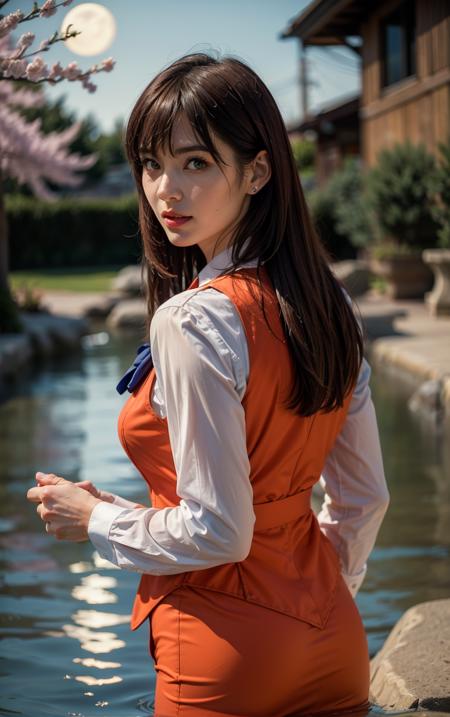 ((masterpiece, best quality)), insaneres, absurdres, solo, looking at viewer, BREAK 
OrangeSuit_Lingeries_RenaAsaoka_ownwaifu, 
1girl, brown hair, red eyes, long hair, lipstick, earrings, makeup, lips, bangs, hair between eyes, large breasts, shiny hair, 
orange vest, name tag, vest, blue bow, long sleeves, pencil skirt, bowtie, see-through legwear, formal, white shirt, office lady,
(wading, looking back), onsen, full moon, cherry blossoms, outdoors,<lora:FAP_CHR_Lingeries_RenaAsaoka_ownwaifu:0.65>, depth of field 
,