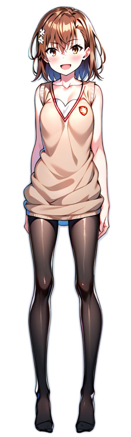 new_misaka_mikoto,1girl,solo,misaka mikoto,brown hair,brown eyes,white flower hair ornament,short hair, small breasts, bangs,hair between eyes,collarbone, standing, <lora:neu_misaka:1>, white background, full body, simple background, no shoes, bottomless, brown sweater vest, no shirt, sweater vest only, sleeveless, arms behind back, :d, pantyhose,