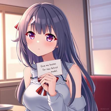Anime girl holding a small note: ((("Give me buzzes for new fetishist model"]))