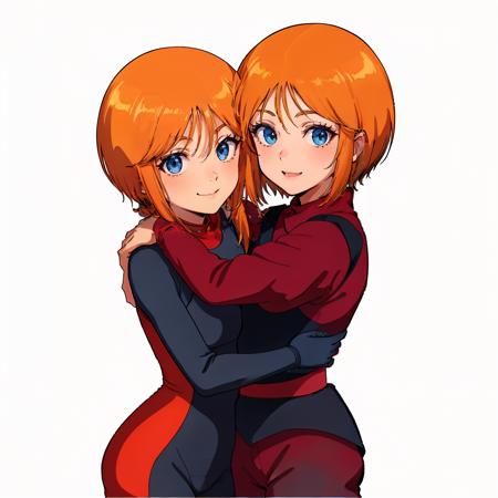 <lora:elpeople008:0.8>,
masterpiece,high quality,white background,2girls,
ADDBASE,2girls,
1loli,plespacepilotsuit,
short hair,orange hair,bangs,short hair with long locks,sidelocks,hair between eyes,blue eyes,
black  spacepilotsuit,
hug,looking at viewer,smile,
ADDCOL,2girls,
elpeople,1loli,
elpeople,short hair,orange hair,bangs,short hair with long locks,sidelocks,hair between eyes,blue eyes,
overalls,black vest,pink triangle button,dark red shirt,short sleeves,
belt,dark red short pants,glove,
hug,looking at viewer,smile,