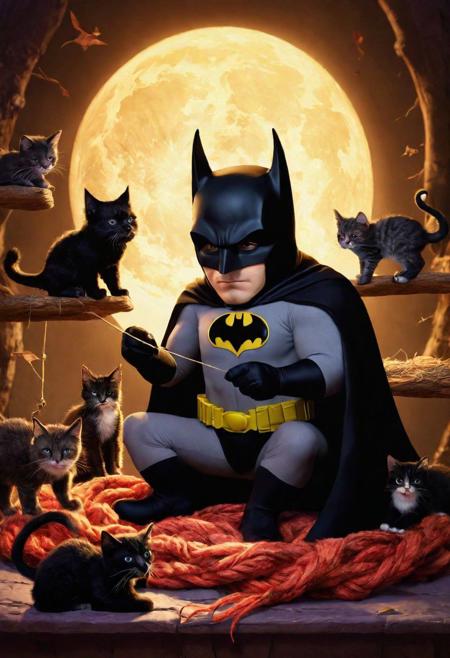 batman knitting with trico surrounded by cats