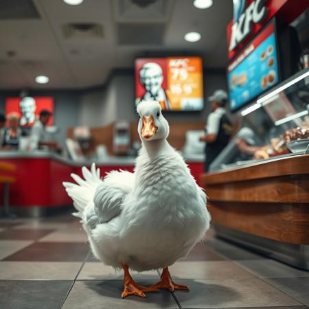 anatomically correct, (hyper realistic, ultra detailed), complex shadows, intricate details, white duck, animal focus, black eyes, fluffy, short, standing, restaurant, KFC, white duck is on the floor, white duck is in front of cashier counter, white duck is looking at the tv display menu, the cashier is confused as to see a white duck, kitchen staff are visible in shot, full shot,