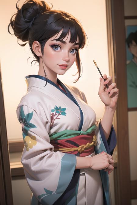 ((masterpiece)),(illustration),best quality,delicate details,refined rendering,Anime style,((Guido Daniele)),comic,((Japan Anime style)),((Menga style)),(((Toon style))),close-up view,1girl,kimono,((solo)),beautiful face,real skin texture,well-proportioned hands,standing,eyeliner,eyelashes,lipstick,eyeshadow,make up,nail polish,blunt bangs,asymmetrical Haircut,hair bun,Crazy Smile,