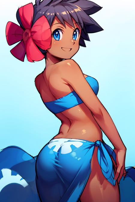 Phoebe_Pokemon,  blue eyes, hair flower, sarong, tube top, dark skin, 
