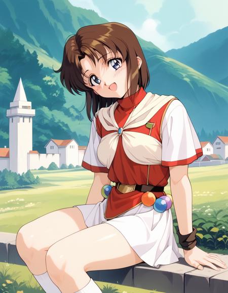 lilith (megami paradise), brown hair, short hair, blue eyes, light yellow neckerchief, short sleeves, wristband, white_skirt, white_ miniskirt, belt, socks, brown_footwear, 1990s (style), retro artstyle,