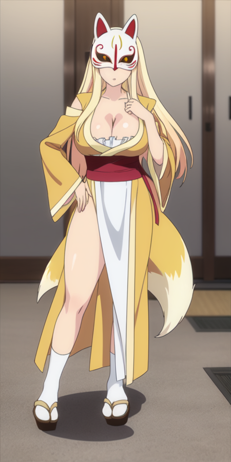 1girl, solo, breasts, blonde hair, cleavage, long hair, mask, tail, large breasts, fox tail, kimono, yellow eyes, fox mask, yellow kimono, wide sleeves, red obi, Geta