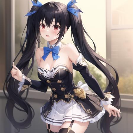 (masterpiece, best quality:1.2),illustration,8k,hd,1girl,solo,cowboy shot,medium breasts,twintails,neptune (series),noire (neptune series),very long hair,skirt,white skirt,pleated skirt,cleavage,bangs,bare shoulders,black dress,black footwear,black hair,blue bow,thighhighs,blue bowtie,blue ribbon,bow,bowtie,brooch,buttons,detached collar,hair ornament,detached sleeves,dress,eyebrows visible through hair,frilled sleeves,frills,garter straps,white dress,gold trim,hair between eyes,hair ribbon,holding hair,jewelry,multicolored clothes,multicolored dress,red eyes,ribbon,short dress,strapless,strapless dress,thigh boots,twintails,zettai ryouiki,buran buta,<lora:Noire>,