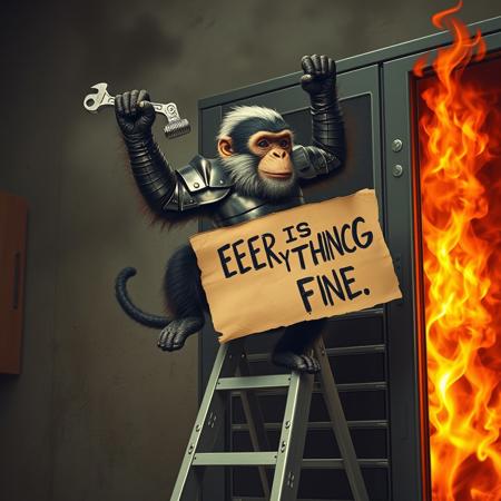 realistic, realism, surreal, monkey in armor holding a wrench, breakdancing on step ladder, in front of burning server machine, server is on fire. (a paper sign on ladder say "UNDER MAINTENANCE, EVERYTHING IS FINE")
