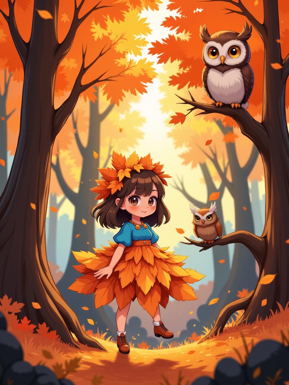 Close-up portpait. A whimsical autumn forest scene, showcasing a female figure dressed in a vibrant orange dress made of layered leaves, complemented by a bright blue top. An owl perches on a gnarled branch nearby, its feathers a rich mix of browns and whites. The background features tall trees with striking orange and gold foliage, illuminated by warm, soft sunlight filtering through the leaves, creating a dreamy, impressionistic atmosphere. The color palette includes warm oranges, deep browns, and hints of soft blues, evoking a sense of tranquility and magic in the heart of the autumn season. {chibi|} anime style <lora:cute1_flux:0.8> <lora:fca_style_32:0.4> <lora:Anime_detail_eye:0.7>