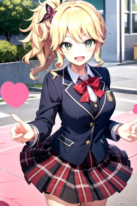 <lora:KiriIzumi-03:0.8>, kiriizumi, smile, open mouth, skirt, hair ornament, ribbon, school uniform, jacket,  plaid, plaid skirt, box, valentine, heart-shaped box