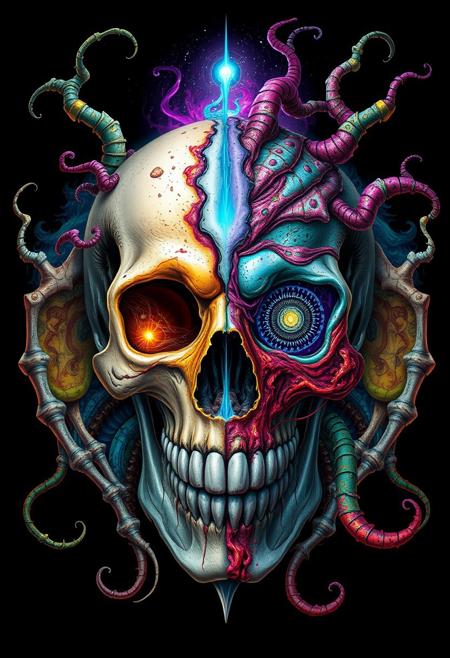 split skull, surreal art, half white bone, half decaying colorful flesh, psychedelic colors, dark background, horror and beauty, glowing eyes, cosmic tendrils, melting textures, duality of life and death, surreal horror illustration, intricate details, vivid contrasts, robot, highly detailed, dreamy, emotive storytelling, nature-inspired sculptures, delicately carved details, divine, luxurious depth, weathered traveler, reflective portal