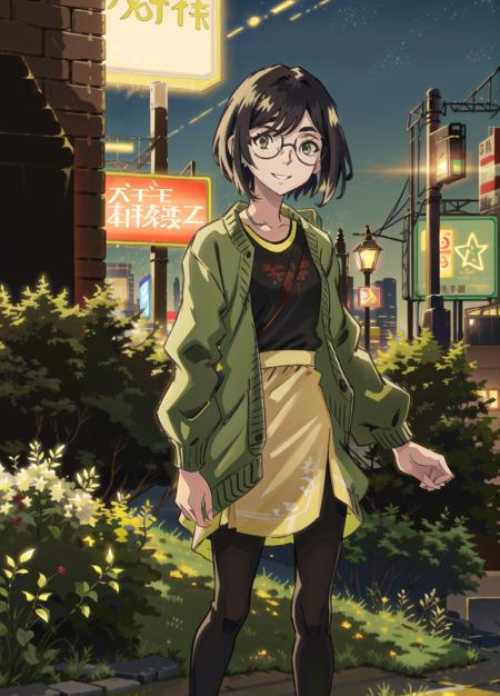 RGshiki,1girl,green jacket,black shirt,tan skirt,pantyhose,glasses,standing,smiling,facing viewer,outdoors,absurdres,cinematic lighting,8k,masterpiece,best quality,night,city,neon, <lora:RGShiki-10:0.9>