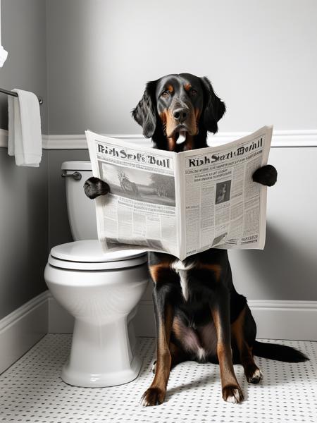 <lora:06NatureArt_Hap_XL:3.9>, Albert Bierstadt style, rish Setter dog sitting on a toilet bowl in wide bathroom, reading a large double page spread newspaper, light blank background, Black And White,,