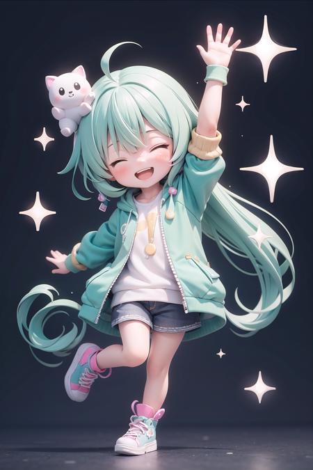 (masterpiece), 1girl, chibi, one eye closed, open mouth, smile, arm up, looking at viewer, sparkle