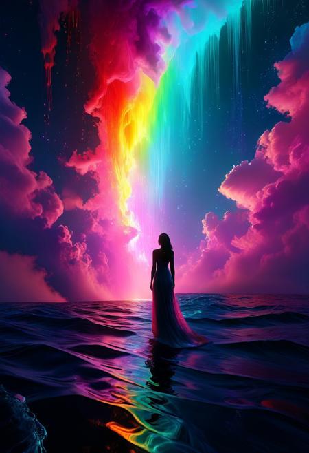 a lone, enigmatic female humanoid figure with an obsidian-black synthetic body, standing motionless amidst a swirling sea of iridescent mist, glowing red eyes fixed forward with silent intensity; its posture is regal and unmoving, arms hidden beneath the vaporous waves of rainbow-hued fog, head slightly bowed as if in deep contemplation or command; the multicolored cloudscape ripples around the figure’s torso like liquid aurora, forming flowing currents of violet, teal, gold, and magenta that reflect the ambient light with soft gradients and shimmering transitions; each wisp of mist pulses with subtle energy, as though the atmosphere itself breathes; behind the figure, a towering vertical beam of radiant spectral light descends from a hidden celestial source, its pure prism tones cascading in a column that slices through the fog and casts long, fragmented rays into the darkness; shadows form natural vignettes at the scene’s periphery, blending into an infinite black void that enhances the luminous isolation of the subject; the composition is captured from a low-angle wide shot, emphasizing the subject’s looming scale and godlike presence, with sharp focus on the central figure and soft, volumetric diffusion in the surrounding environment; subtle particle motion and energy flickers within the clouds convey an atmosphere that is alive and divine, evoking themes of transcendence, cosmic power, and surreal awakening