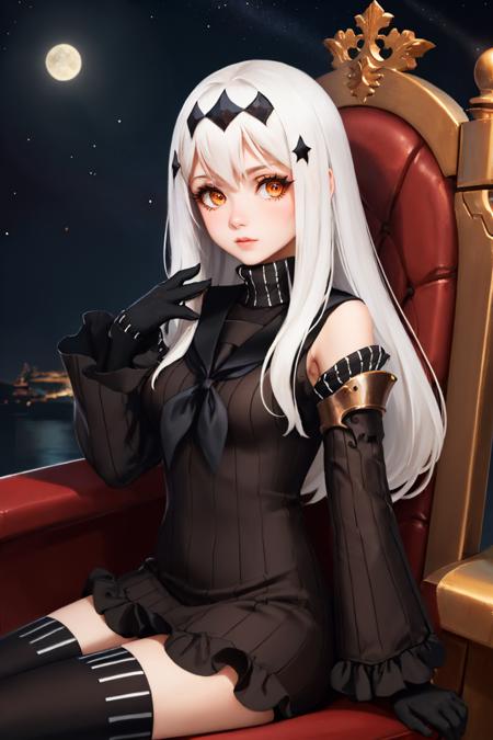 kcacwateroni, white skin, hair ornament, red / orange eyes black dress, sailor dress, detached sleeves, gloves, thighhighs, armored boots