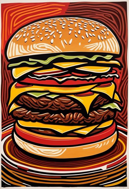 Picasso style Linocut of a cheeseburger, in red brown and yellow,