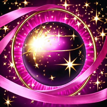Black to purpure gradient background, NO HUMAN, purpure sphere of pink silk ribbons, lightning centered, close-up, golden stars, magic, casting spell