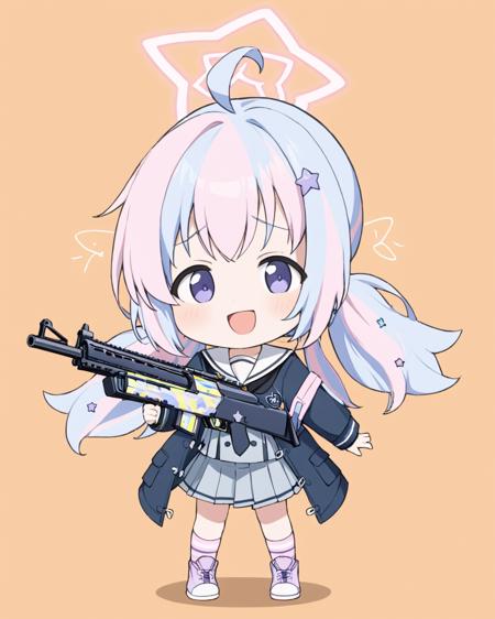 reisa \(blue archive\),1girl, halo, solo, holding_gun, ahoge, chibi, jacket, skirt, open_mouth, school_uniform, long_sleeves, striped_socks, full_body, low_twintails, star_\(symbol\), simple_background, smile, shotgun, star_hair_ornament, v-shaped_eyebrows, stuffed_animal, shoes, looking_at_viewer
<lora:reisa_(blue_archive)_image894_2023-11-28:1>halo. gorgeous,key visual, vibrant, studio anime,award-winning, professional, highly detailed,high budget, cinemascope