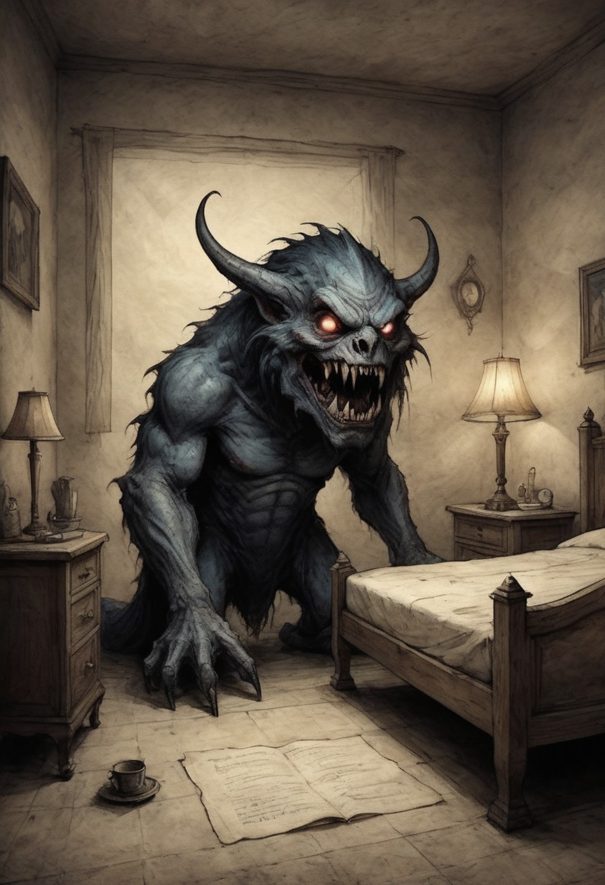 on parchment the monster from under the bed lurks on the floor menacing terrifying nighttime beast