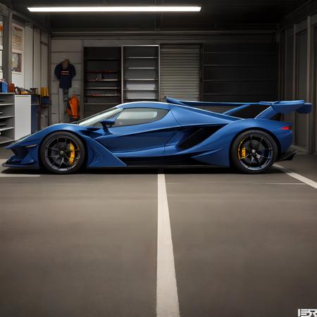 apolloie a sports car side view in a garage filled with toolboxes, global illumination, volumetric lighting, best quality, highly detailed, illustration, cgi, octane