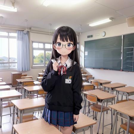 best quality, ultra-detailed, illustration,
kyoshitsu, classroom, scenery, chalkboard, window, school, indoors, clock, sunlight, school desk, bulletin board, shade, curtains, school chair, ceiling light, shadow, artist name, book, ceiling, day, paper, 
,1girl, glasses, black hair, long hair, black eyes, school uniform, blush, looking at viewer, standing,
 <lora:kyoshitsu_SD15_V3:0.8>