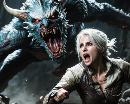 ciri fighting a monster, realistic