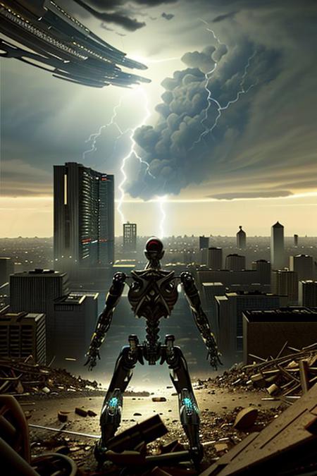 a (BORG giant war robot with transparent panels and iron muscles) BREAK
wearing a (cybernetic endoskeleton) with sharp spikes, combat pose BREAK
rampaging in a (large city rubble), destroyed buildings and explosions  BREAK
in a (storm night with lightnings in the distance) BREAK
CHSNGN, photo realistic, 24mm, dolly zoom, dutch angle, cinematic look, lens flare, sharp focus, intrincate details, volumetric light