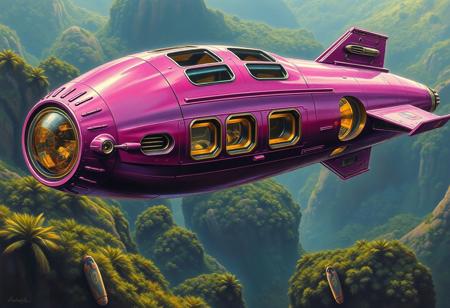 A phallic purple metallic spacecraft with lots of windows orbiting over a jungle planet, close up on the spaceship, in the style of an oil painting, scifi, cosmic, astral