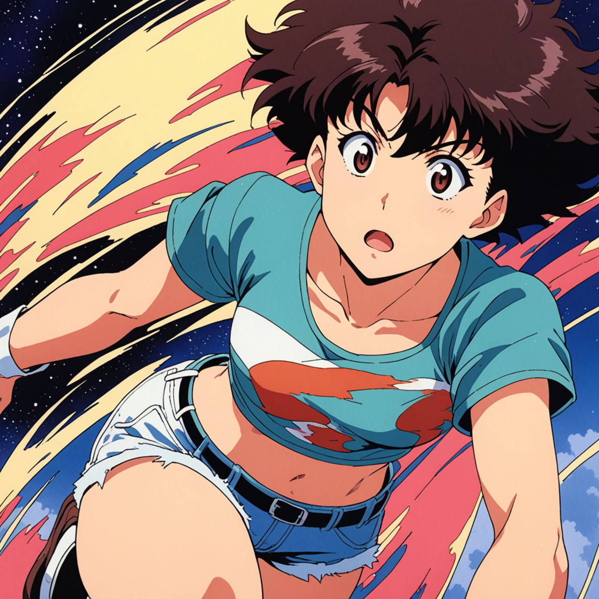A young woman wearing a blue shirt and jean shorts with a red belt, running through a colorful background.