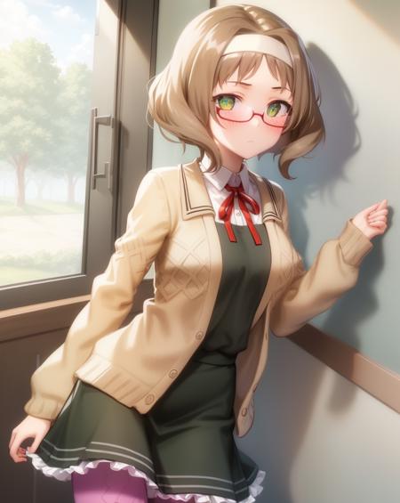 <lora:Akihara_Sekka-10:0.8>,1girl, solo, pantyhose, glasses, purple pantyhose, green eyes, brown hair, hairband, skirt, school uniform, short hair, cardigan,