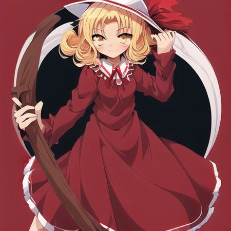 Elly yellow eyes, blonde hair, pink hat with a red ribbon, hat, red ribbon, dark red and pink dress, drak red dress, carries a scythe, scythe, 