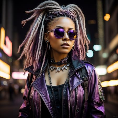 A photo of a female with (amethyst) eyes and braided (purple) hair wearing a jacket with sunglasses. The epic character composition, combined with sharp focus and natural lighting, brings the captivating image to life. The subsurface scattering effect adds a touch of ethereal glow, while the f2 aperture and 35mm lens create a perfect balance of depth and detail.
<lora:CyberPunkV2:0.7> 7cy6er7p0nk9