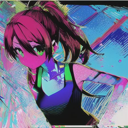 (glitched, artefact:1.1), solo, 1girl, short red hair, ponytail, small breast, sport tank, looking at viewer, colorful background,<lora:glitch-core-10:1.05>