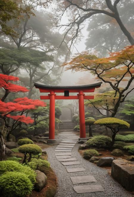 Take a wide shot of a Japanese garden on an autumn morning, 
featuring a red Torii gate and mist-covered trees. Early morning light filters softly through the trees, 
highlighting the gentle mist surrounding the gate. The scene should showcase warm browns, 
reds, 
soft greens, 
and grays, 
with the gate and foreground in focus and the background misty. Include a cabled path that leads through the fog toward a hidden Shinto temple, 
evoking a feeling of tranquility.